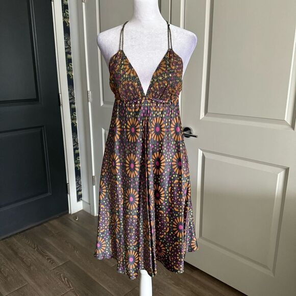 Y2K Vintage LaROK Boho Silk Floral A-line Mini Dress Size S - Picture 1 of 8